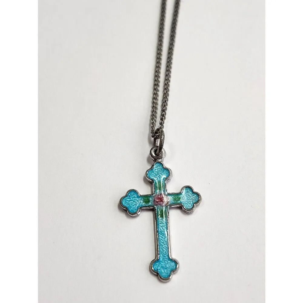 Vintage Turquoise Enamel Cross Pendant Necklace Sterling Silver Plated
